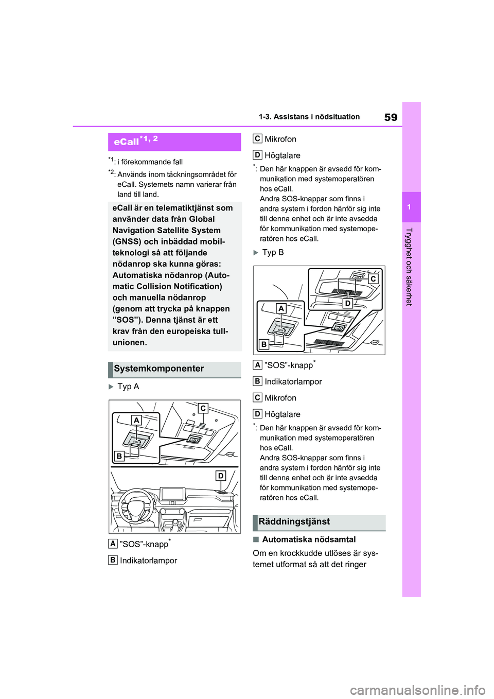TOYOTA RAV4 2020  Bruksanvisningar (in Swedish) 59
1
1-3. Assistans 
i nödsituation
Trygghet och säkerhet
OM42D32SE
1-3.Assistans i nödsituation
*1: i förekommande fall
*2: Används inom täckningsområdet för 
eCall. Systemets namn varierar f