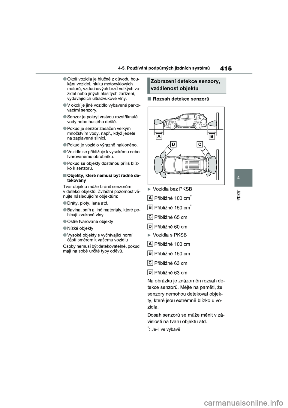 TOYOTA RAV4 2020 Návod na použití (in Czech) 415
4
4-5. Používání podpůrných jízdních systémů
Jízda
●Okolí vozidla je hlučné z důvodu hou-
kání vozidel, hl uku motocyklových motorů, vzduchových brzd velkých vo-
zidel n TOYOTA RAV4 2020 Návod na použití (in Czech) 415
4
4-5. Používání podpůrných jízdních systémů
Jízda
●Okolí vozidla je hlučné z důvodu hou-
kání vozidel, hl uku motocyklových motorů, vzduchových brzd velkých vo-
zidel n