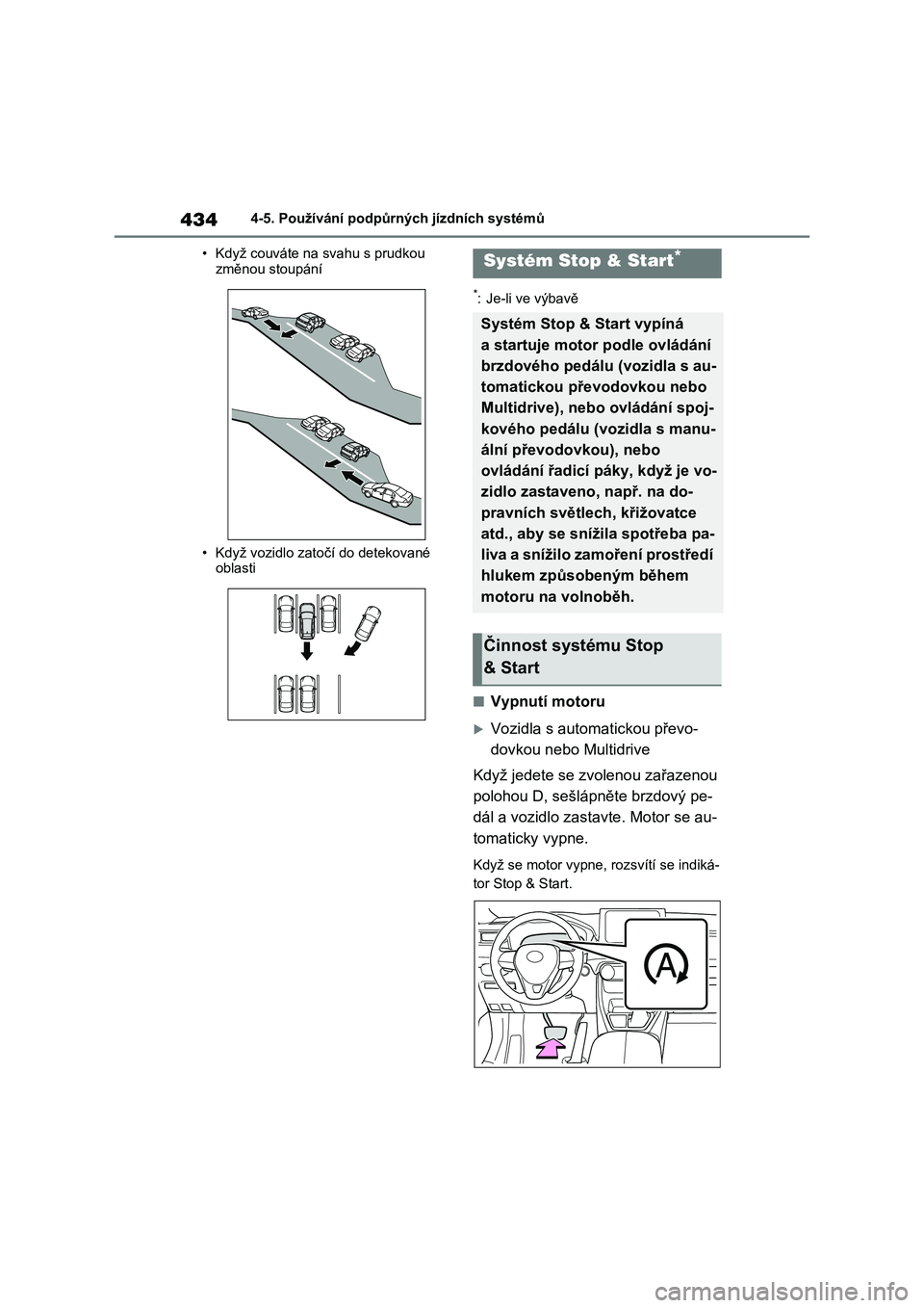 TOYOTA RAV4 2020  Návod na použití (in Czech) 4344-5. Používání podpůrných jízdních systémů 
• Když couváte na svahu s prudkou  
změnou stoupání 
• Když vozidlo zato čí do detekované  oblasti
*: Je-li ve výbavě
■Vypnut�