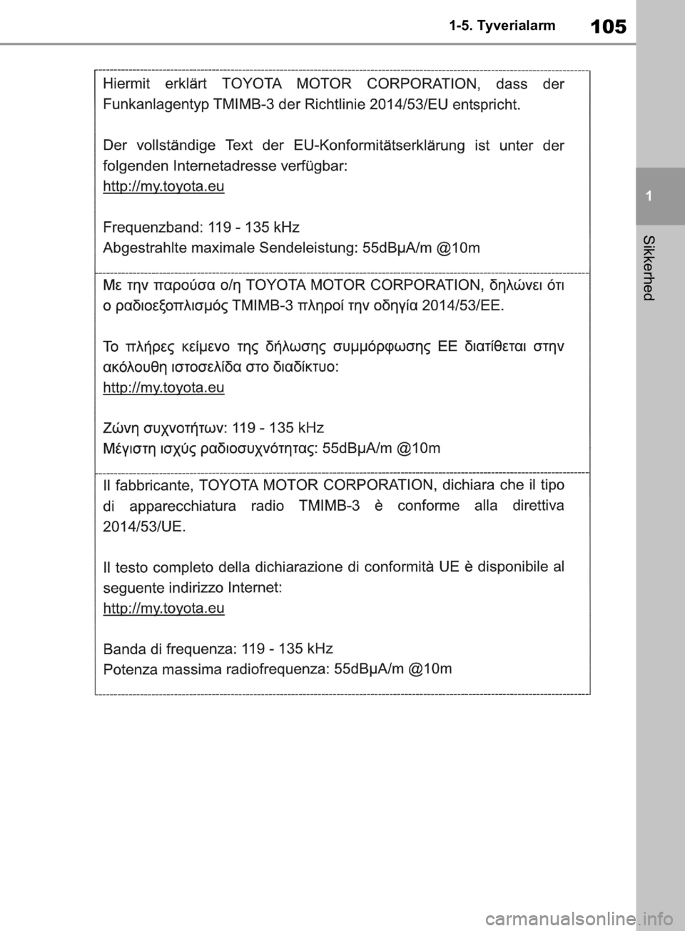 TOYOTA RAV4 2019  Brugsanvisning (in Danish) 105
1
1-5. Tyverialarm
Sikkerhed
OM42C86DK.book  Page 105  Tuesday, October 22, 2019  10:51 AM 