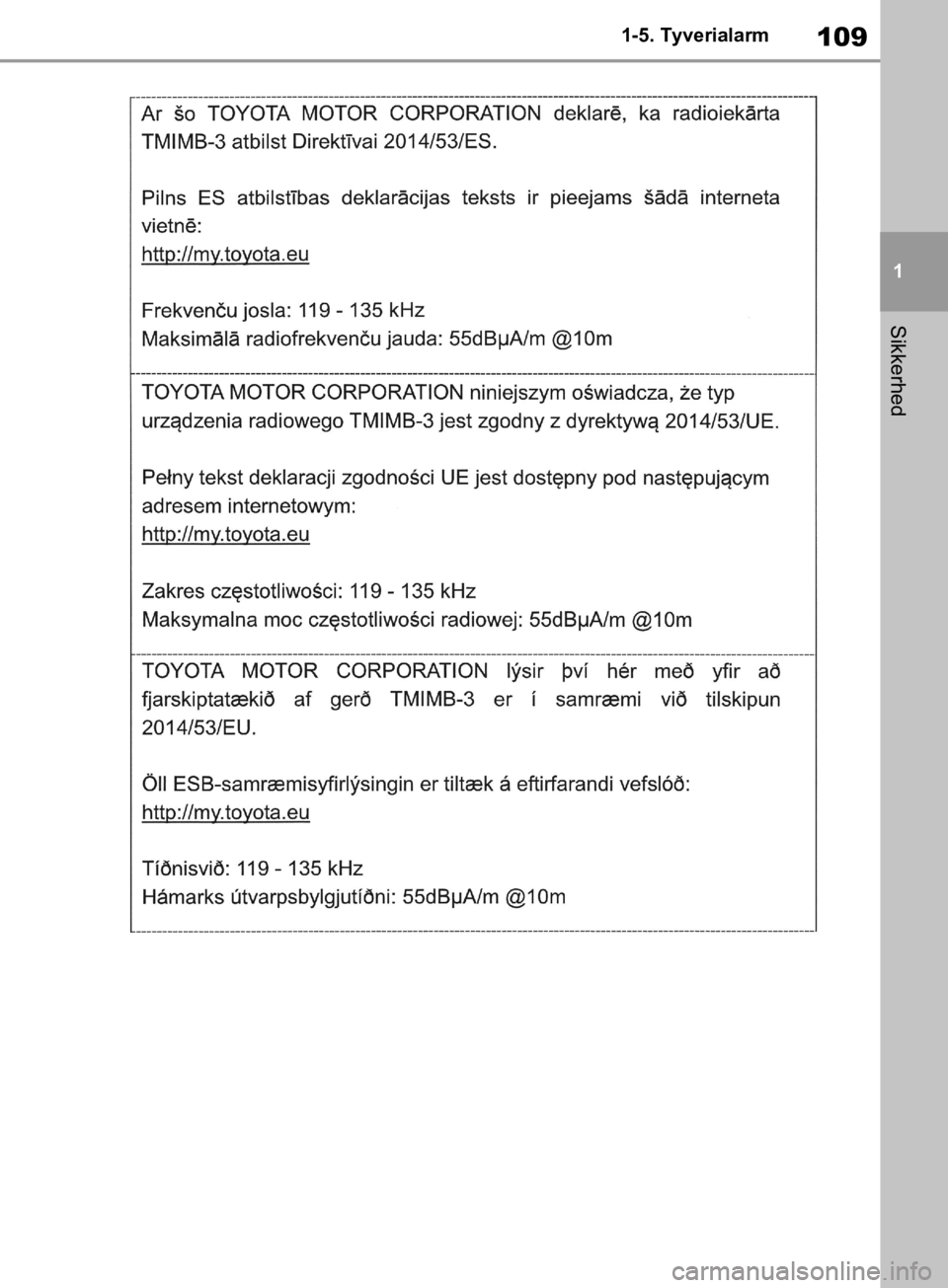 TOYOTA RAV4 2019  Brugsanvisning (in Danish) 109
1
1-5. Tyverialarm
Sikkerhed
OM42C86DK.book  Page 109  Tuesday, October 22, 2019  10:51 AM 