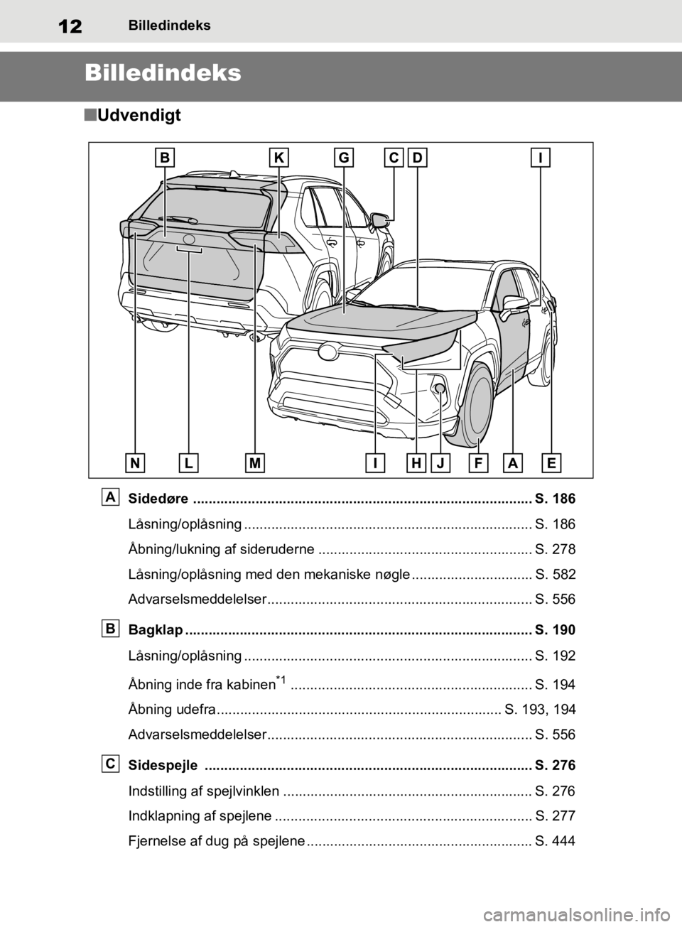 TOYOTA RAV4 2019 Brugsanvisning (in Danish) 12Billedindeks
Billedindeks
nUdvendigt
Sidedøre ....................................................................................... S. 186
Låsning/oplåsning .................................... TOYOTA RAV4 2019 Brugsanvisning (in Danish) 12Billedindeks
Billedindeks
nUdvendigt
Sidedøre ....................................................................................... S. 186
Låsning/oplåsning ....................................