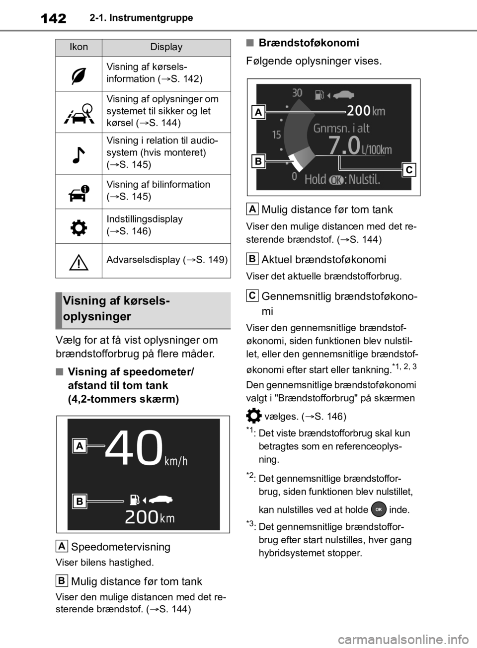 TOYOTA RAV4 2019 Brugsanvisning (in Danish) 1422-1. Instrumentgruppe
Vælg for at få vist oplysninger om
brændstofforbrug på flere måder.
nVisning af speedometer/
afstand til tom tank
(4,2-tommers skærm)Speedometervisning
Viser bilens h TOYOTA RAV4 2019 Brugsanvisning (in Danish) 1422-1. Instrumentgruppe
Vælg for at få vist oplysninger om
brændstofforbrug på flere måder.
nVisning af speedometer/
afstand til tom tank
(4,2-tommers skærm)Speedometervisning
Viser bilens h