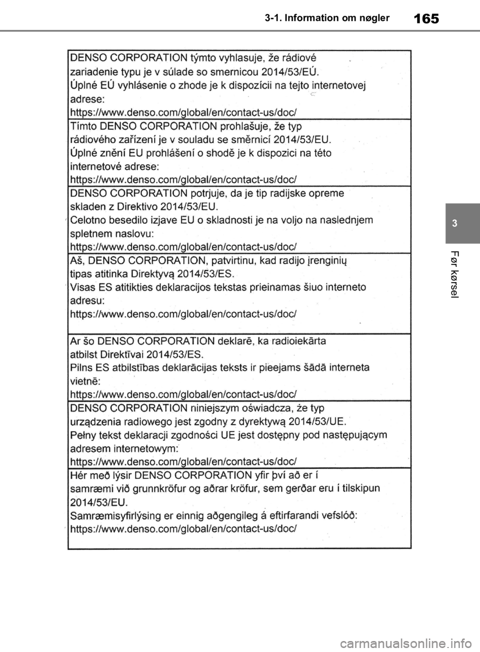 TOYOTA RAV4 2019  Brugsanvisning (in Danish) 165
3
3-1. Information om nøgler
Før kørsel
OM42C86DK.book  Page 165  Tuesday, October 22, 2019  10:51 AM 