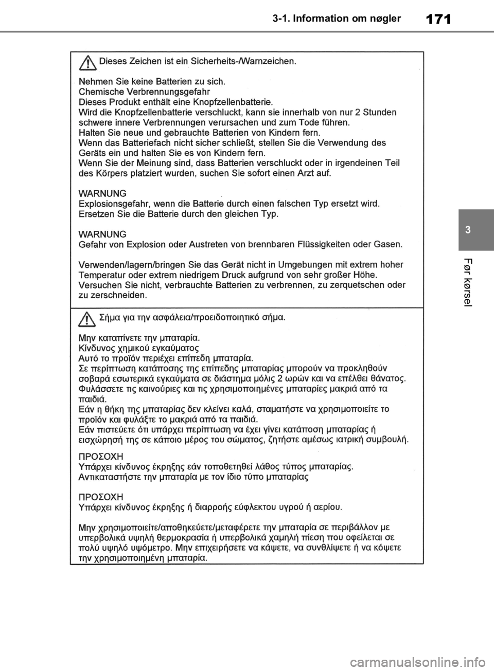TOYOTA RAV4 2019  Brugsanvisning (in Danish) 171
3
3-1. Information om nøgler
Før kørsel
OM42C86DK.book  Page 171  Tuesday, October 22, 2019  10:51 AM 