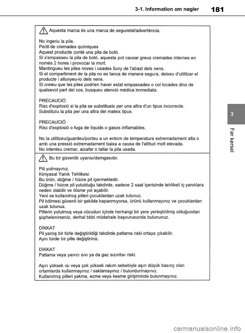 TOYOTA RAV4 2019  Brugsanvisning (in Danish) 181
3
3-1. Information om nøgler
Før kørsel
OM42C86DK.book  Page 181  Tuesday, October 22, 2019  10:51 AM 
