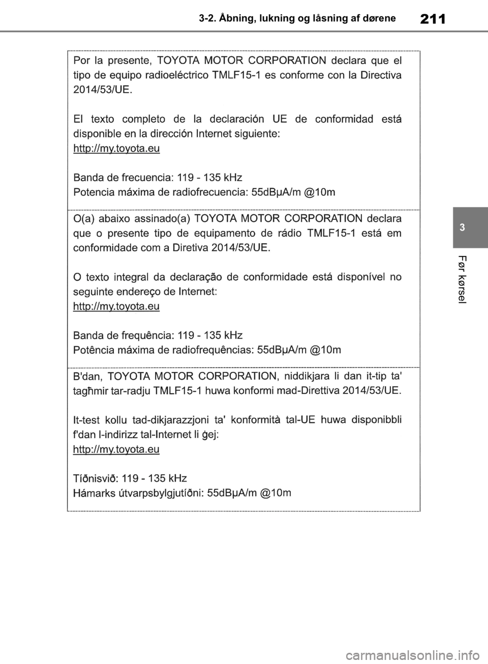 TOYOTA RAV4 2019  Brugsanvisning (in Danish) 211
3
3-2. Åbning, lukning og låsning af dørene
Før kørsel
OM42C86DK.book  Page 211  Tuesday, October 22, 2019  10:51 AM 