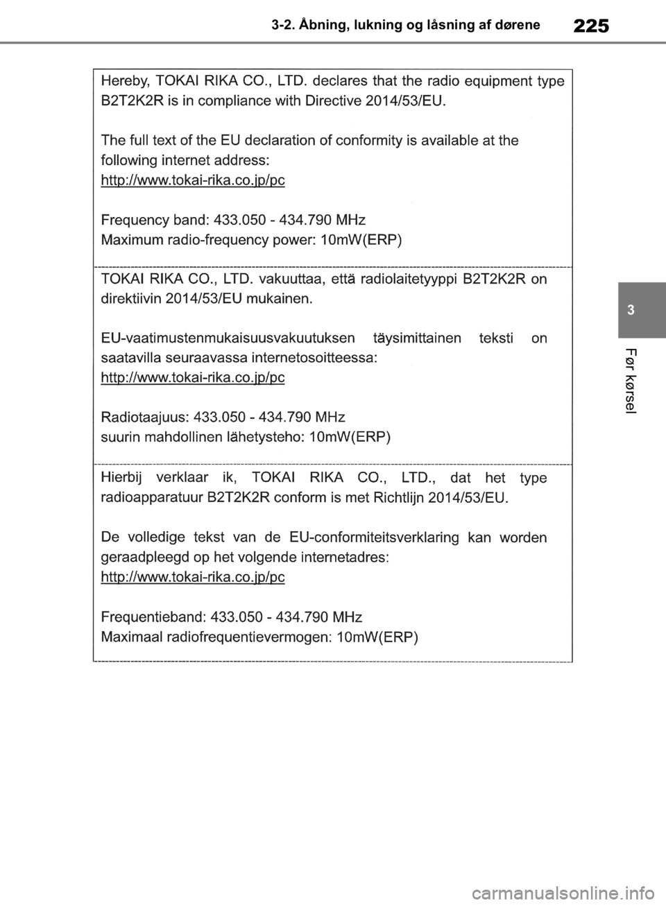 TOYOTA RAV4 2019  Brugsanvisning (in Danish) 225
3
3-2. Åbning, lukning og låsning af dørene
Før kørsel
OM42C86DK.book  Page 225  Tuesday, October 22, 2019  10:51 AM 