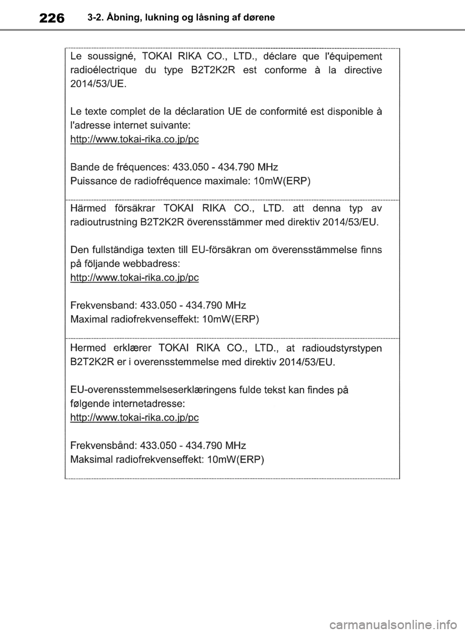 TOYOTA RAV4 2019  Brugsanvisning (in Danish) 2263-2. Åbning, lukning og låsning af dørene
OM42C86DK.book  Page 226  Tuesday, October 22, 2019  10:51 AM 