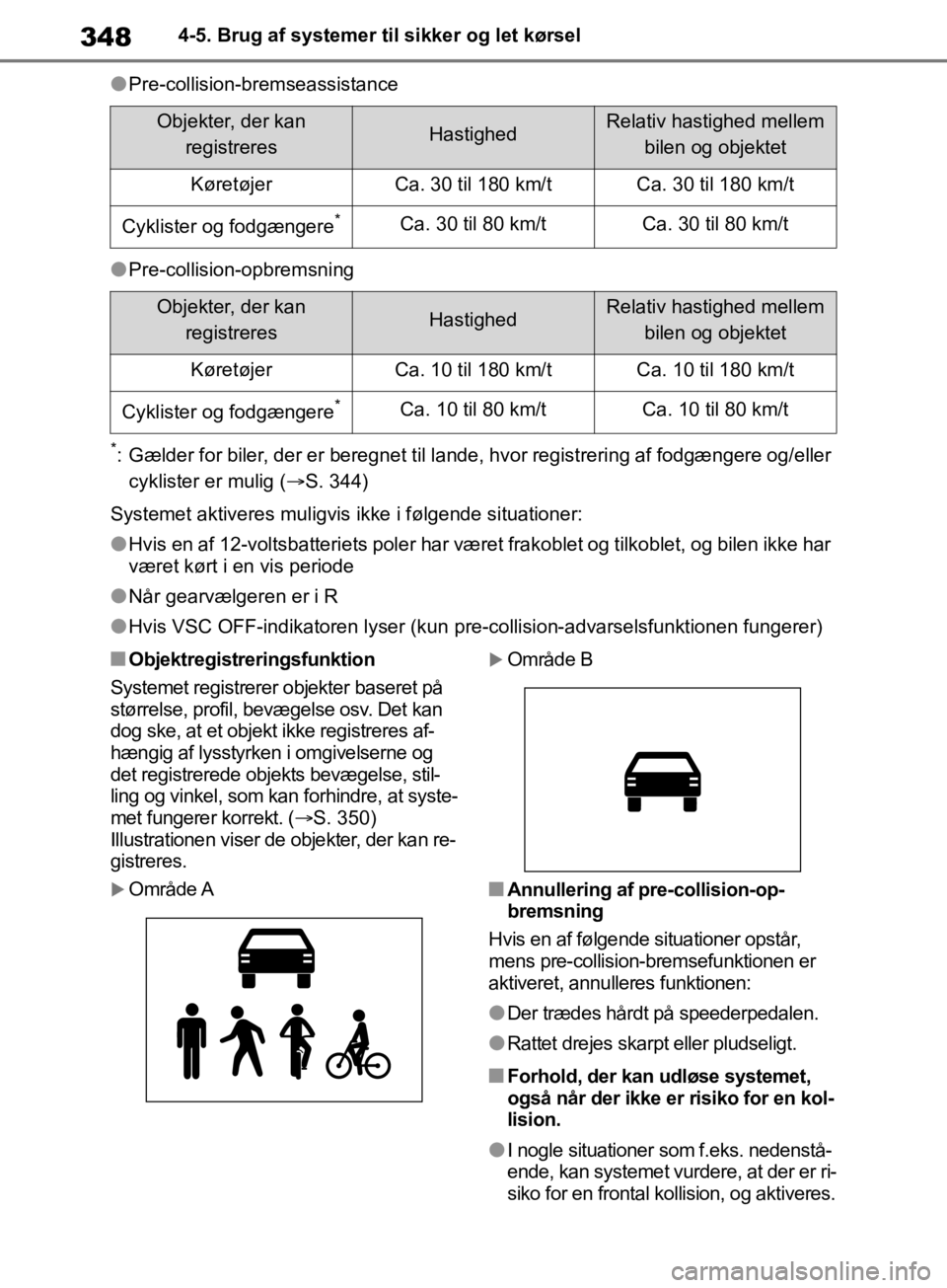TOYOTA RAV4 2019  Brugsanvisning (in Danish) 3484-5. Brug af systemer til sikker og let kørsel
lPre-collision-bremseassistance
lPre-collision-opbremsning
*: Gælder for biler, der er beregnet til lande, hvor registrering af fodgængere og/eller