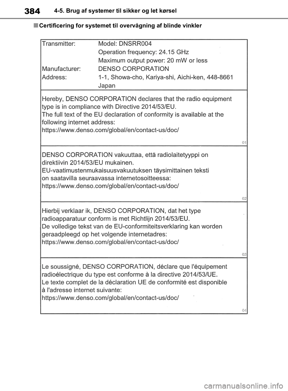 TOYOTA RAV4 2019  Brugsanvisning (in Danish) 3844-5. Brug af systemer til sikker og let kørsel
nCertificering for systemet til overvågning af blinde vinkler
OM42C86DK.book  Page 384  Tuesday, October 22, 2019  10:51 AM 