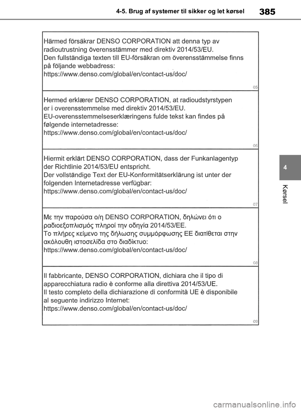 TOYOTA RAV4 2019  Brugsanvisning (in Danish) 385
4
4-5. Brug af systemer til sikker og let kørsel
Kørsel
OM42C86DK.book  Page 385  Tuesday, October 22, 2019  10:51 AM 