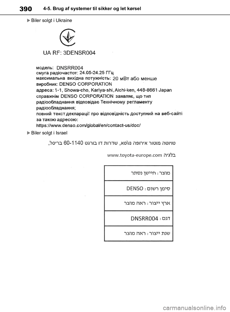 TOYOTA RAV4 2019  Brugsanvisning (in Danish) 3904-5. Brug af systemer til sikker og let kørsel
Biler solgt i Ukraine
Biler solgt i Israel
OM42C86DK.book  Page 390  Tuesday, October 22, 2019  10:51 AM 