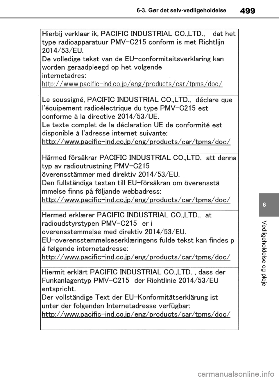 TOYOTA RAV4 2019 Brugsanvisning (in Danish) 499
6
6-3. Gør det selv-vedligeholdelse
Vedligeholdelse og pleje
OM42C86DK.book Page 499 Tuesday, October 22, 2019 10:51 AM TOYOTA RAV4 2019 Brugsanvisning (in Danish) 499
6
6-3. Gør det selv-vedligeholdelse
Vedligeholdelse og pleje
OM42C86DK.book Page 499 Tuesday, October 22, 2019 10:51 AM