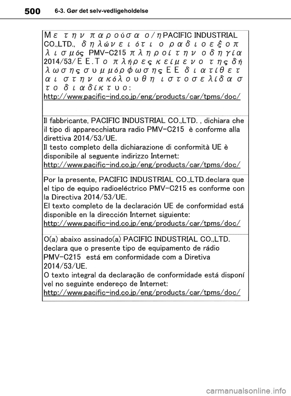 TOYOTA RAV4 2019 Brugsanvisning (in Danish) 5006-3. Gør det selv-vedligeholdelse
OM42C86DK.book Page 500 Tuesday, October 22, 2019 10:51 AM TOYOTA RAV4 2019 Brugsanvisning (in Danish) 5006-3. Gør det selv-vedligeholdelse
OM42C86DK.book Page 500 Tuesday, October 22, 2019 10:51 AM