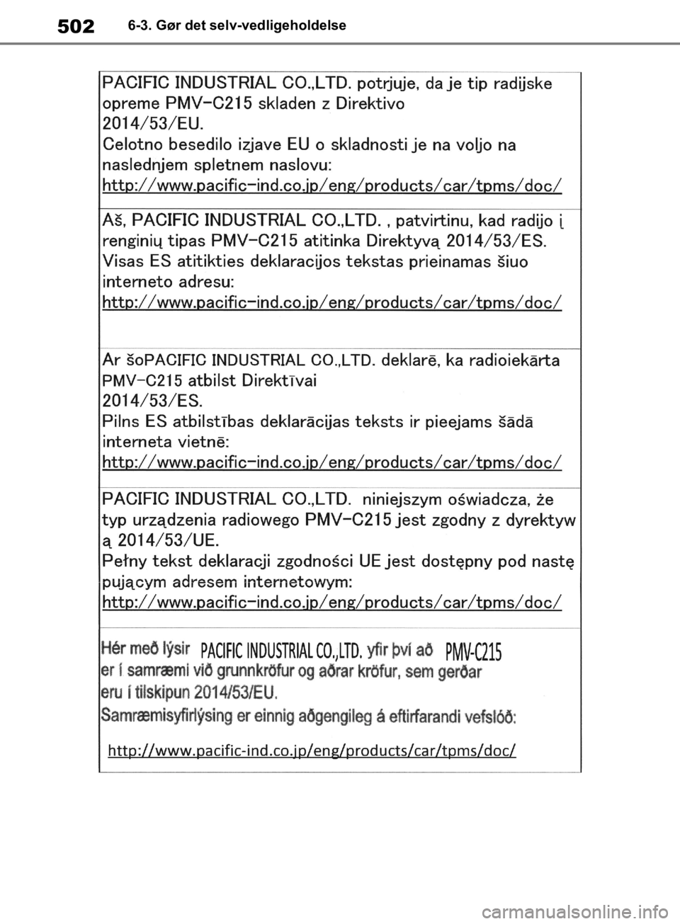 TOYOTA RAV4 2019 Brugsanvisning (in Danish) 5026-3. Gør det selv-vedligeholdelse
OM42C86DK.book Page 502 Tuesday, October 22, 2019 10:51 AM TOYOTA RAV4 2019 Brugsanvisning (in Danish) 5026-3. Gør det selv-vedligeholdelse
OM42C86DK.book Page 502 Tuesday, October 22, 2019 10:51 AM
