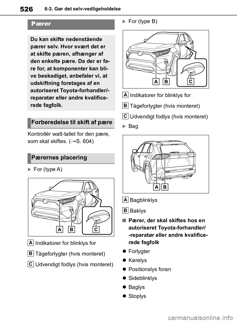 TOYOTA RAV4 2019 Brugsanvisning (in Danish) 5266-3. Gør det selv-vedligeholdelse
Kontrollér watt-tallet for den pære,
som skal skiftes. (S. 604)
For (type A)
Indikatorer for blinklys for
Tågeforlygter (hvis monteret)
Udvendigt fodly TOYOTA RAV4 2019 Brugsanvisning (in Danish) 5266-3. Gør det selv-vedligeholdelse
Kontrollér watt-tallet for den pære,
som skal skiftes. (S. 604)
For (type A)
Indikatorer for blinklys for
Tågeforlygter (hvis monteret)
Udvendigt fodly