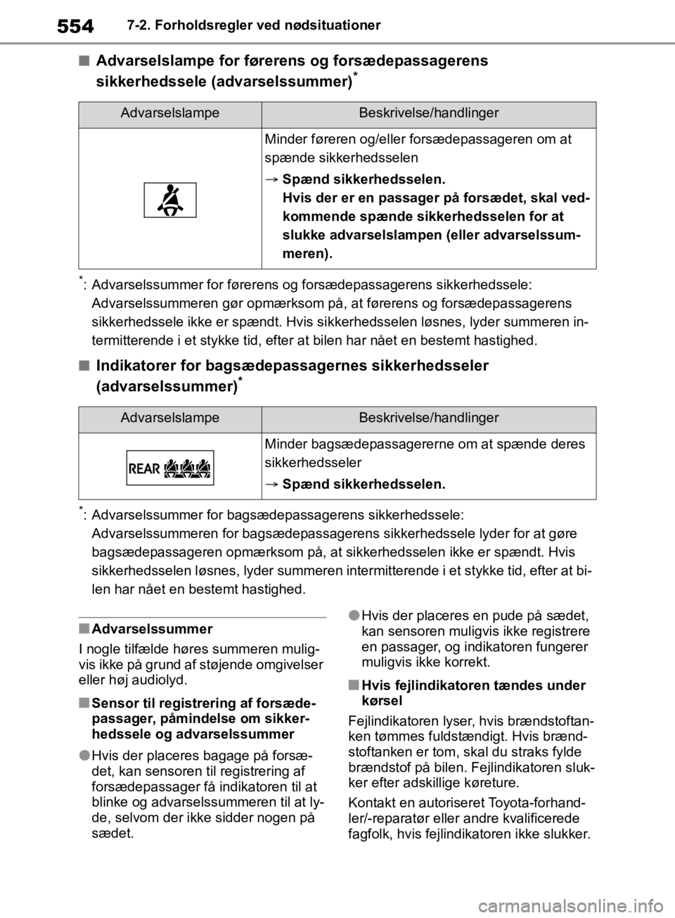 TOYOTA RAV4 2019 Brugsanvisning (in Danish) 5547-2. Forholdsregler ved nødsituationer
nAdvarselslampe for førerens og forsædepassagerens
sikkerhedssele (advarselssummer)*
*: Advarselssummer for førerens og forsædepassagerens sikkerhedssel TOYOTA RAV4 2019 Brugsanvisning (in Danish) 5547-2. Forholdsregler ved nødsituationer
nAdvarselslampe for førerens og forsædepassagerens
sikkerhedssele (advarselssummer)*
*: Advarselssummer for førerens og forsædepassagerens sikkerhedssel