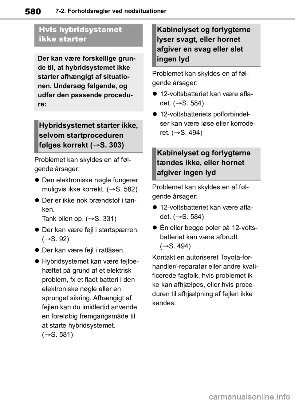 TOYOTA RAV4 2019  Brugsanvisning (in Danish) 5807-2. Forholdsregler ved nødsituationer
Problemet kan skyldes en af føl-
gende årsager:
Den elektroniske nøgle fungerer 
muligvis ikke korrekt. ( S. 582)
 Der er ikke nok brændstof i t