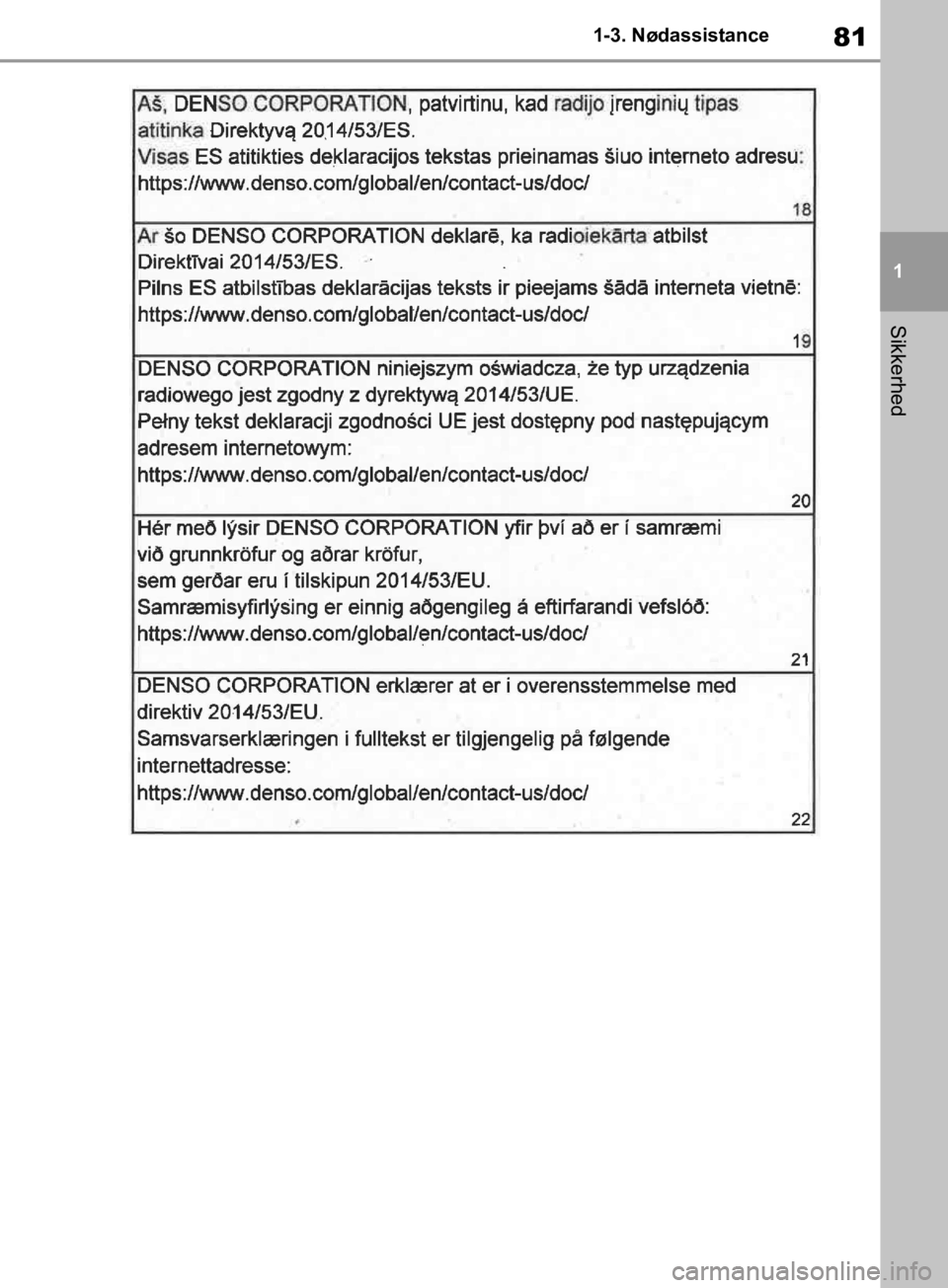 TOYOTA RAV4 2019  Brugsanvisning (in Danish) 81
1
1-3. Nødassistance
Sikkerhed
OM42C86DK.book  Page 81  Tuesday, October 22, 2019  10:51 AM 