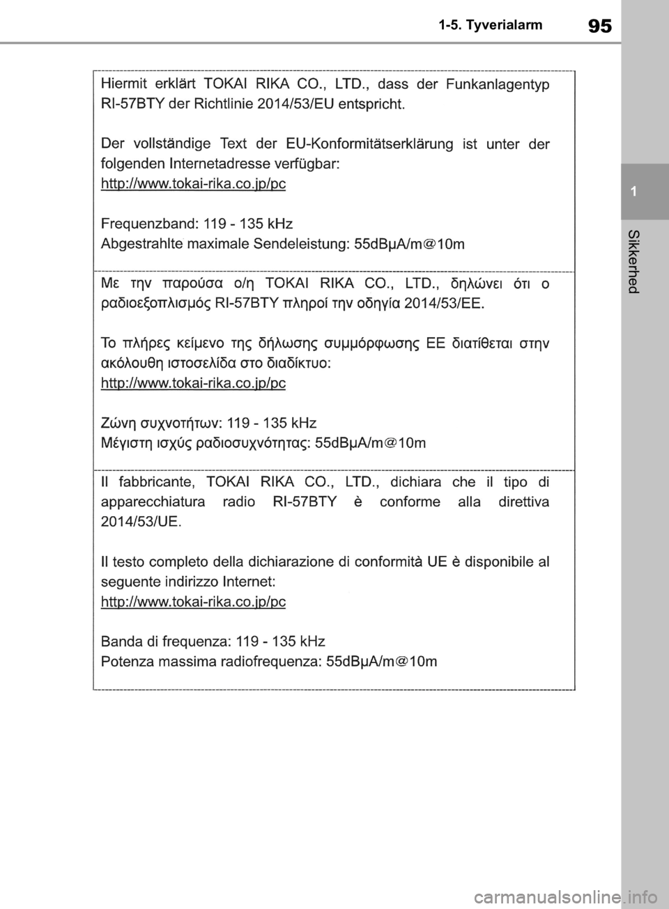 TOYOTA RAV4 2019  Brugsanvisning (in Danish) 95
1
1-5. Tyverialarm
Sikkerhed
OM42C86DK.book  Page 95  Tuesday, October 22, 2019  10:51 AM 