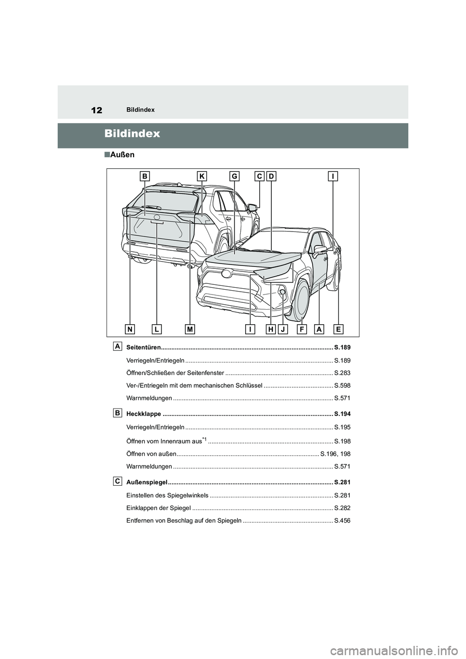 TOYOTA RAV4 2019 Betriebsanleitungen (in German) 12Bildindex
Bildindex
■Außen
Seitentüren................................................................................................... S.189
Verriegeln/Entriegeln ............................ TOYOTA RAV4 2019 Betriebsanleitungen (in German) 12Bildindex
Bildindex
■Außen
Seitentüren................................................................................................... S.189
Verriegeln/Entriegeln ............................