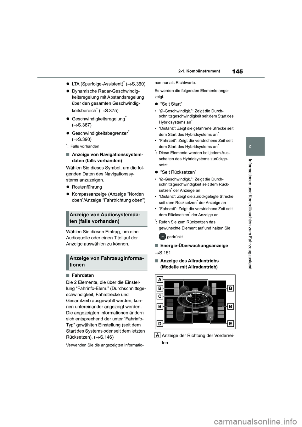 TOYOTA RAV4 2019 Betriebsanleitungen (in German) 145
2 2-1. Kombiinstrument
Informationen und Kontrollleuchten zum Fahrzeugzustand
LTA (Spurfolge-Assistent)* (S.360)
Dynamische Radar-Geschwindig-
keitsregelung mit Abstandsregelung
über de TOYOTA RAV4 2019 Betriebsanleitungen (in German) 145
2 2-1. Kombiinstrument
Informationen und Kontrollleuchten zum Fahrzeugzustand
LTA (Spurfolge-Assistent)* (S.360)
Dynamische Radar-Geschwindig-
keitsregelung mit Abstandsregelung
über de