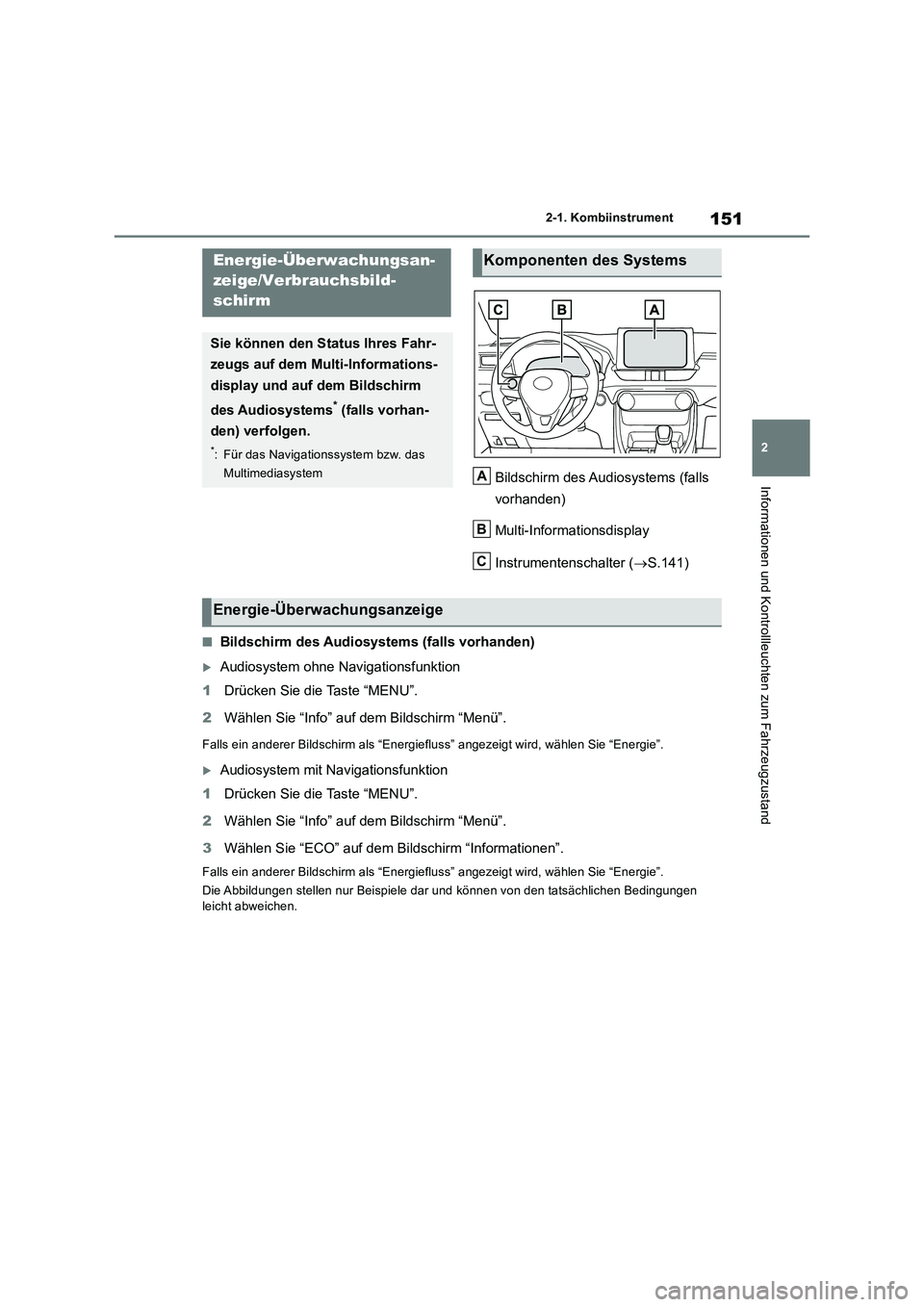 TOYOTA RAV4 2019 Betriebsanleitungen (in German) 151
2 2-1. Kombiinstrument
Informationen und Kontrollleuchten zum FahrzeugzustandBildschirm des Audiosystems (falls
vorhanden)
Multi-Informationsdisplay
Instrumentenschalter (S.141)
■Bildschirm TOYOTA RAV4 2019 Betriebsanleitungen (in German) 151
2 2-1. Kombiinstrument
Informationen und Kontrollleuchten zum FahrzeugzustandBildschirm des Audiosystems (falls
vorhanden)
Multi-Informationsdisplay
Instrumentenschalter (S.141)
■Bildschirm