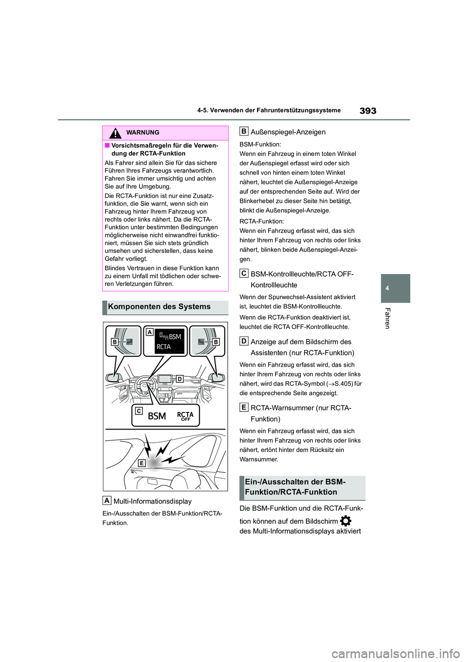 TOYOTA RAV4 2019 Betriebsanleitungen (in German) 393
4
4-5. Verwenden der Fahrunterstützungssysteme
Fahren
Multi-Informationsdisplay
Ein-/Ausschalten der BSM-Funktion/RCTA-
Funktion.
Außenspiegel-Anzeigen
BSM-Funktion:
Wenn ein Fahrzeug in einem TOYOTA RAV4 2019 Betriebsanleitungen (in German) 393
4
4-5. Verwenden der Fahrunterstützungssysteme
Fahren
Multi-Informationsdisplay
Ein-/Ausschalten der BSM-Funktion/RCTA-
Funktion.
Außenspiegel-Anzeigen
BSM-Funktion:
Wenn ein Fahrzeug in einem