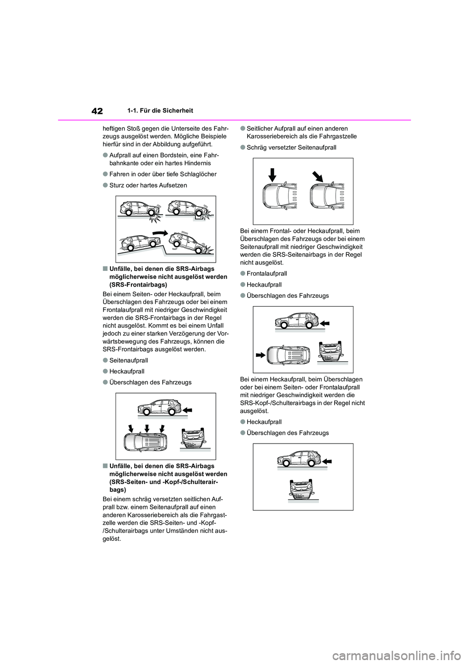 TOYOTA RAV4 2019  Betriebsanleitungen (in German) 421-1. Für die Sicherheit 
heftigen Stoß gegen die Unterseite des Fahr- zeugs ausgelöst werden. Mögliche Beispiele hierfür sind in der Abbildung aufgeführt.
●Aufprall auf einen Bordstein, eine