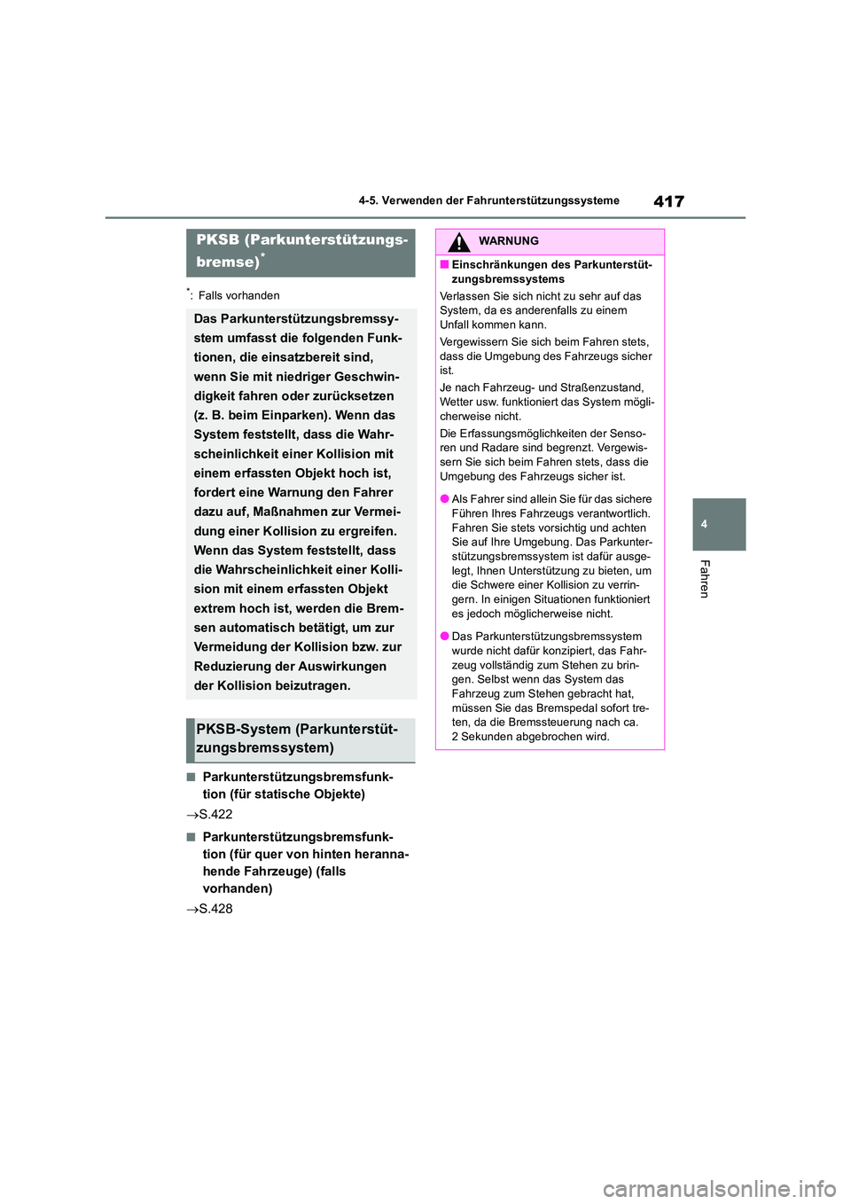TOYOTA RAV4 2019  Betriebsanleitungen (in German) 417
4 
4-5. Verwenden der Fahrunterstützungssysteme
Fahren
*: Falls vorhanden
■Parkunterstützungsbremsfunk- 
tion (für statische Objekte) 
 S.422
■Parkunterstützungsbremsfunk- 
tion (für q