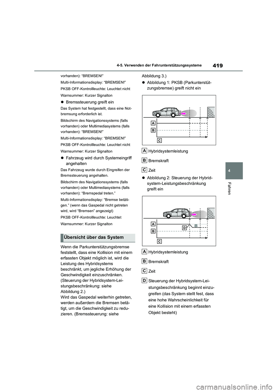 TOYOTA RAV4 2019  Betriebsanleitungen (in German) 419
4 4-5. Verwenden der Fahrunterstützungssysteme
Fahren
vorhanden): “BREMSEN!”
Multi-Informationsdisplay: “BREMSEN!”
PKSB OFF-Kontrollleuchte: Leuchtet nicht
Warnsummer: Kurzer Signalton
