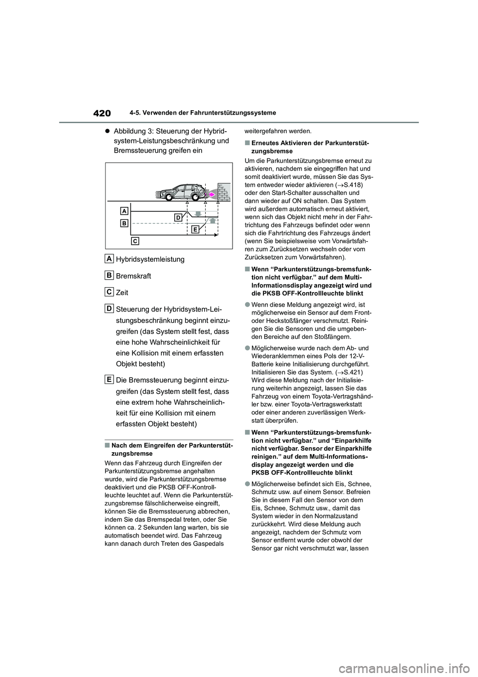TOYOTA RAV4 2019  Betriebsanleitungen (in German) 4204-5. Verwenden der Fahrunterstützungssysteme
Abbildung 3: Steuerung der Hybrid-
system-Leistungsbeschränkung und 
Bremssteuerung greifen ein
Hybridsystemleistung
Bremskraft
Zeit
Steuerung der 