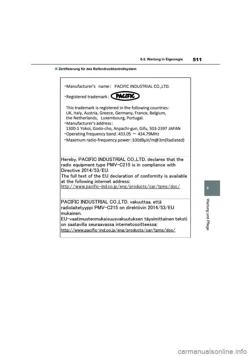 TOYOTA RAV4 2019  Betriebsanleitungen (in German) 511
6 6-3. Wartung in Eigenregie
Wartung und Pflege
■Zertifizierung für das Reifendruckkontrollsystem 