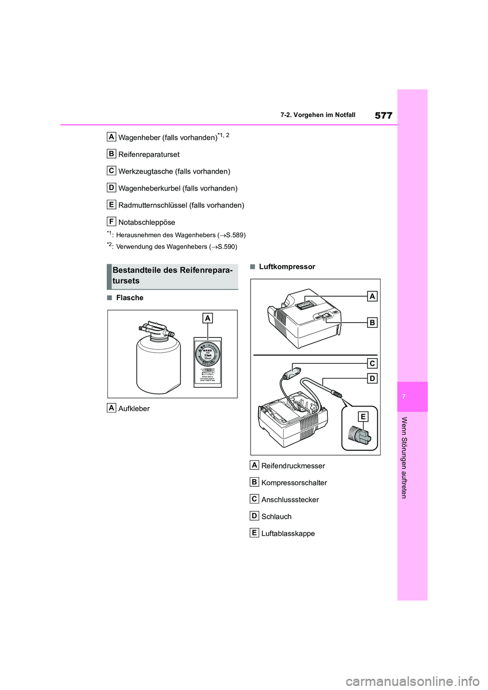 TOYOTA RAV4 2019 Betriebsanleitungen (in German) 577
7
7-2. Vorgehen im Notfall
Wenn Störungen auftreten
Wagenheber (falls vorhanden)*1, 2
Reifenreparaturset
Werkzeugtasche (falls vorhanden)
Wagenheberkurbel (falls vorhanden)
Radmutternschlüsse TOYOTA RAV4 2019 Betriebsanleitungen (in German) 577
7
7-2. Vorgehen im Notfall
Wenn Störungen auftreten
Wagenheber (falls vorhanden)*1, 2
Reifenreparaturset
Werkzeugtasche (falls vorhanden)
Wagenheberkurbel (falls vorhanden)
Radmutternschlüsse