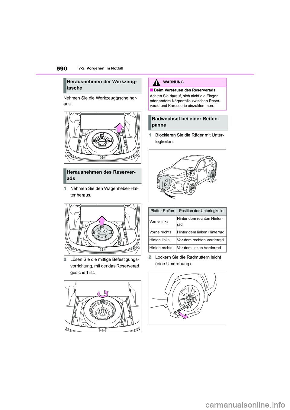 TOYOTA RAV4 2019 Betriebsanleitungen (in German) 5907-2. Vorgehen im Notfall
Nehmen Sie die Werkzeugtasche her-
aus.
1 Nehmen Sie den Wagenheber-Hal-
ter heraus.
2 Lösen Sie die mittige Befestigungs-
vorrichtung, mit der das Reserverad
gesic TOYOTA RAV4 2019 Betriebsanleitungen (in German) 5907-2. Vorgehen im Notfall
Nehmen Sie die Werkzeugtasche her-
aus.
1 Nehmen Sie den Wagenheber-Hal-
ter heraus.
2 Lösen Sie die mittige Befestigungs-
vorrichtung, mit der das Reserverad
gesic