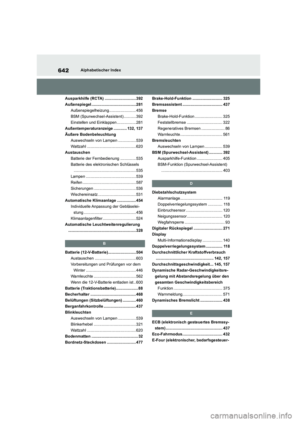 TOYOTA RAV4 2019  Betriebsanleitungen (in German) 642Alphabetischer Index
Ausparkhilfe (RCTA) ............................ 392
Außenspiegel ........................................ 281
Außenspiegelheizung ........................ 456
BSM (Spurwechs