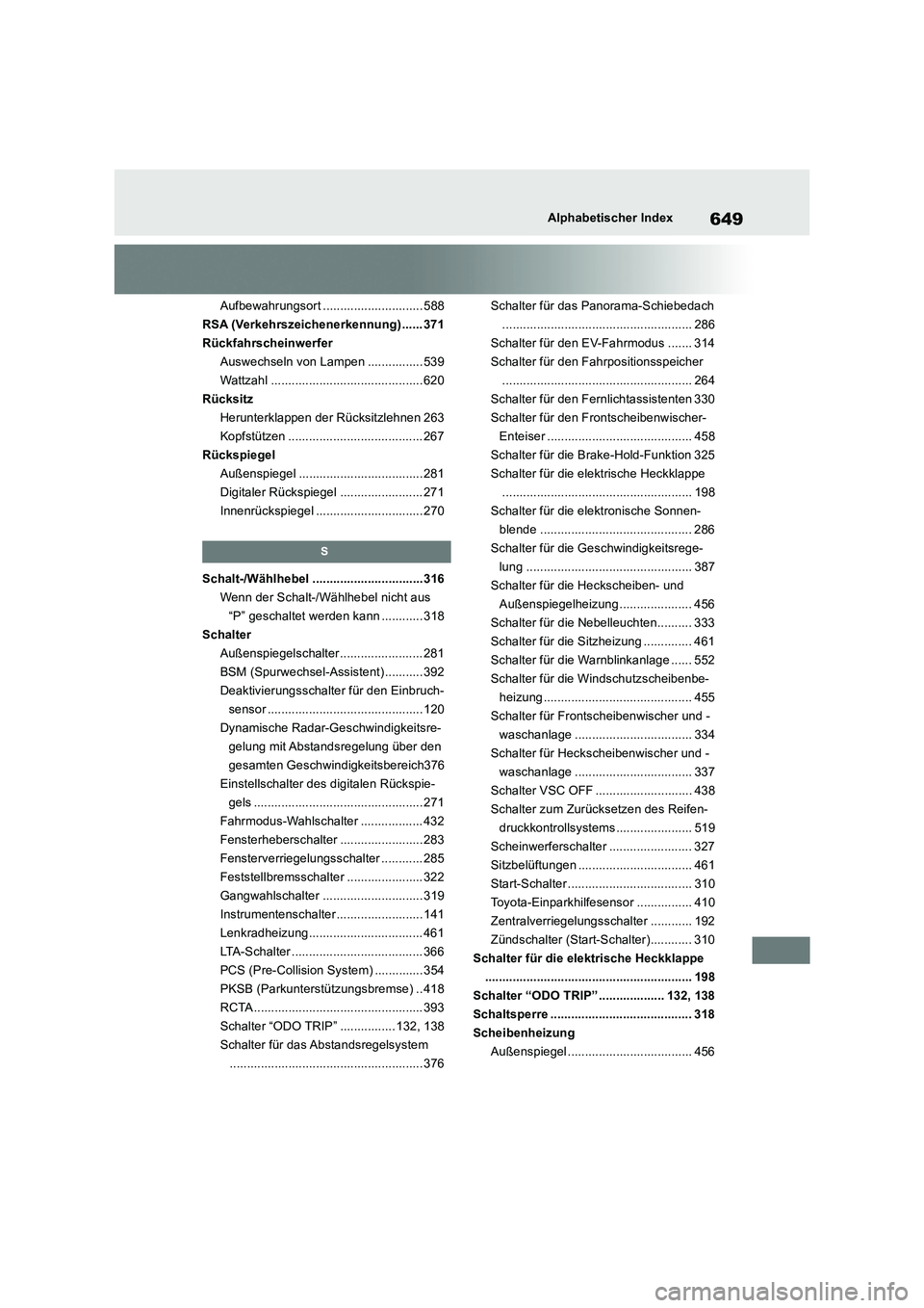 TOYOTA RAV4 2019  Betriebsanleitungen (in German) 649Alphabetischer Index
Aufbewahrungsort ............................. 588
RSA (Verkehrszeichenerkennung) ...... 371
Rückfahrscheinwerfer
Auswechseln von Lampen ................ 539
Wattzahl ........