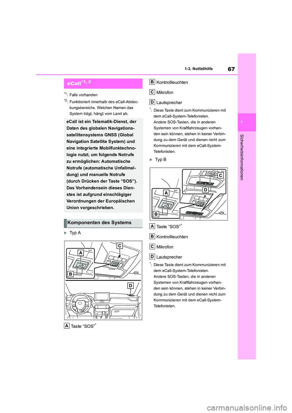 TOYOTA RAV4 2019  Betriebsanleitungen (in German) 67
1 
1-3. Notfallhilfe
Sicherheitsinformationen
1-3.Notfallhilfe
*1: Falls vorhanden
*2: Funktioniert innerhalb des eCall-Abdec- 
kungsbereichs. Welchen Namen das 
System trägt, hängt vom Land ab.
