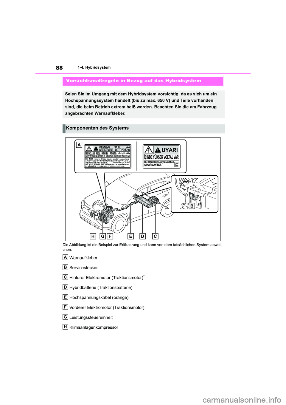 TOYOTA RAV4 2019  Betriebsanleitungen (in German) 881-4. Hybridsystem 
Die Abbildung ist ein Beispiel zur Erläuteru ng und kann von dem tatsächlichen System abwei- chen.
Warnaufkleber 
Servicestecker 
Hinterer Elektromotor (Traktionsmotor)*
Hybridb