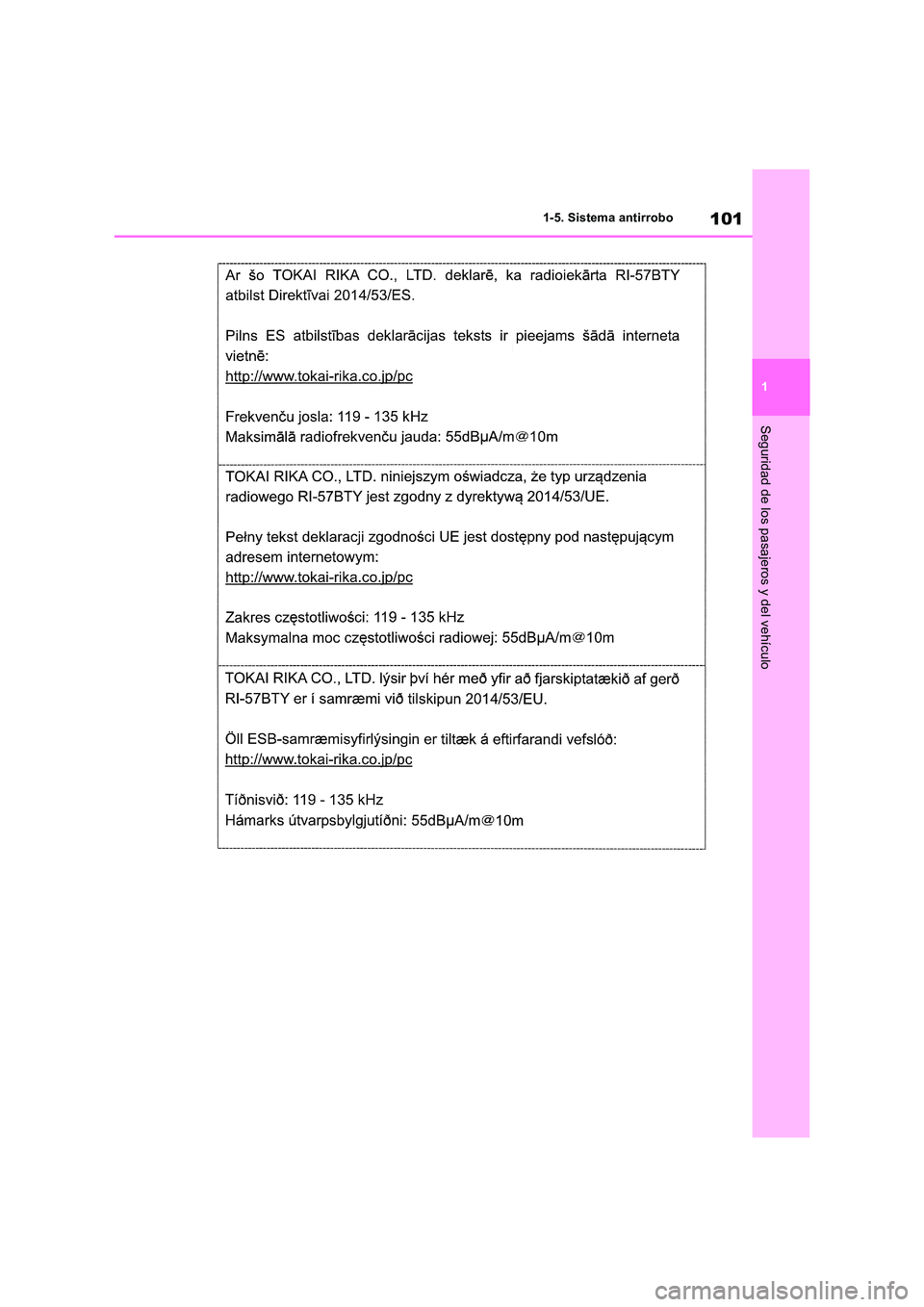 TOYOTA RAV4 2019 Manual del propietario (in Spanish) 101
1
1-5. Sistema antirrobo
Seguridad de los pasajeros y del vehículo TOYOTA RAV4 2019 Manual del propietario (in Spanish) 101
1
1-5. Sistema antirrobo
Seguridad de los pasajeros y del vehículo