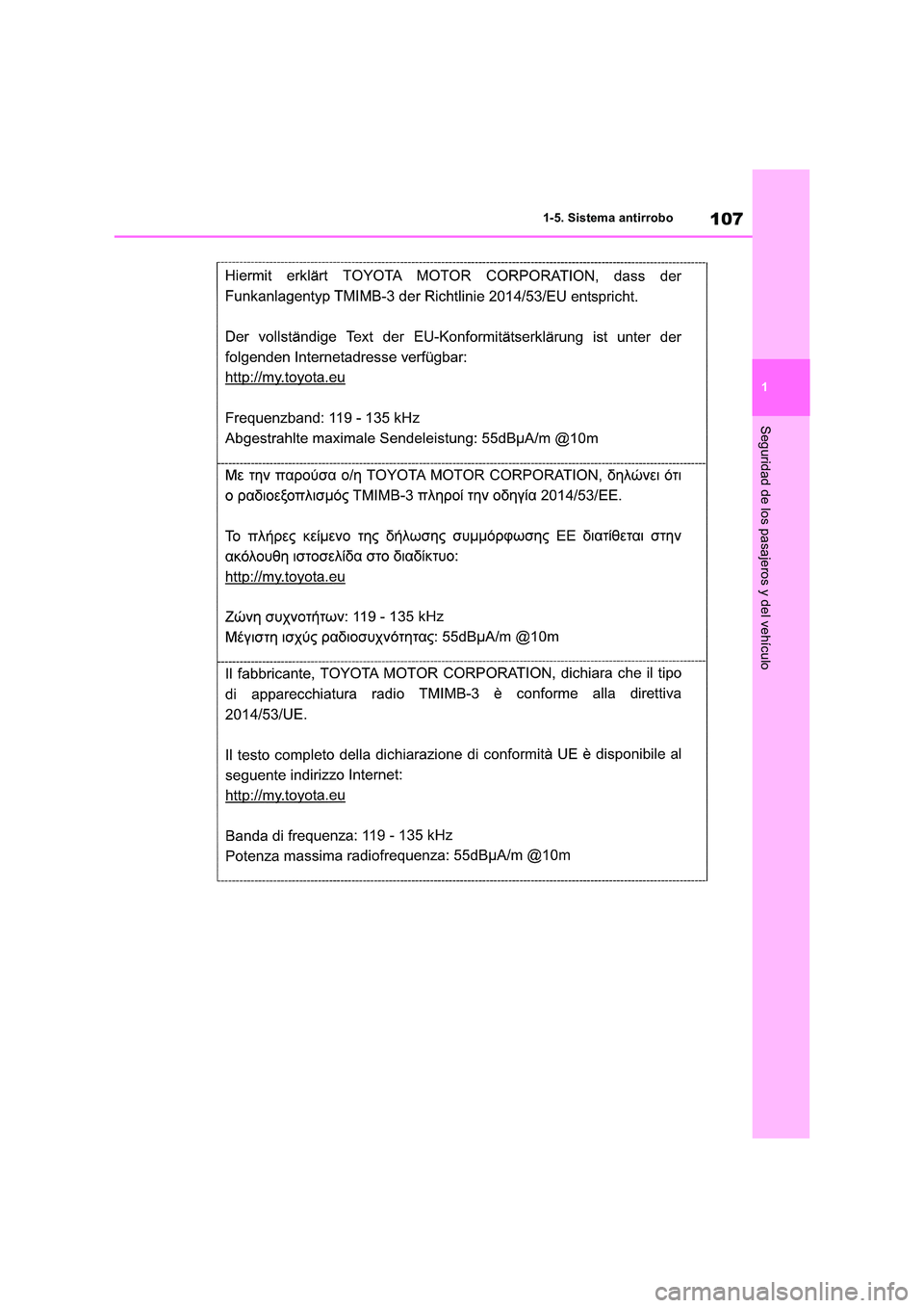 TOYOTA RAV4 2019 Manual del propietario (in Spanish) 107
1
1-5. Sistema antirrobo
Seguridad de los pasajeros y del vehículo TOYOTA RAV4 2019 Manual del propietario (in Spanish) 107
1
1-5. Sistema antirrobo
Seguridad de los pasajeros y del vehículo