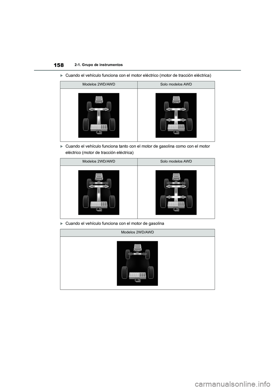 TOYOTA RAV4 2019 Manual del propietario (in Spanish) 1582-1. Grupo de instrumentos
Cuando el vehículo funciona con el motor eléctrico (motor de tracción eléctrica)
Cuando el vehículo funciona tanto con el motor de gasolina como con el motor
TOYOTA RAV4 2019 Manual del propietario (in Spanish) 1582-1. Grupo de instrumentos
Cuando el vehículo funciona con el motor eléctrico (motor de tracción eléctrica)
Cuando el vehículo funciona tanto con el motor de gasolina como con el motor