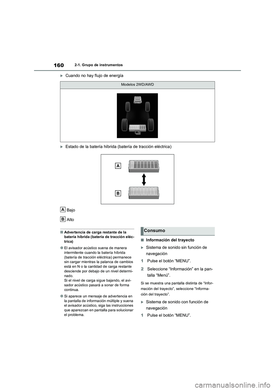 TOYOTA RAV4 2019 Manual del propietario (in Spanish) 1602-1. Grupo de instrumentos
Cuando no hay flujo de energía
Estado de la batería híbrida (batería de tracción eléctrica)
Bajo
Alto
■Advertencia de carga restante de la
batería híbrid TOYOTA RAV4 2019 Manual del propietario (in Spanish) 1602-1. Grupo de instrumentos
Cuando no hay flujo de energía
Estado de la batería híbrida (batería de tracción eléctrica)
Bajo
Alto
■Advertencia de carga restante de la
batería híbrid