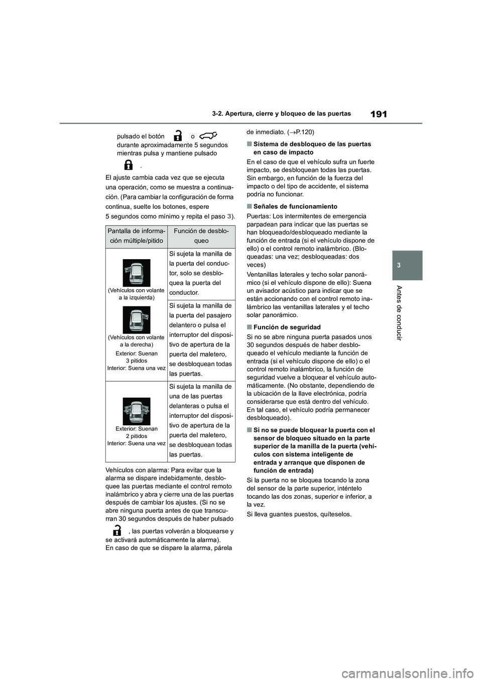 TOYOTA RAV4 2019  Manual del propietario (in Spanish) 191
3 3-2. Apertura, cierre y bloqueo de las puertas
Antes de conducir
pulsado el botón   o   
durante aproximadamente 5 segundos 
mientras pulsa y mantiene pulsado 
.
El ajuste cambia cada vez que s