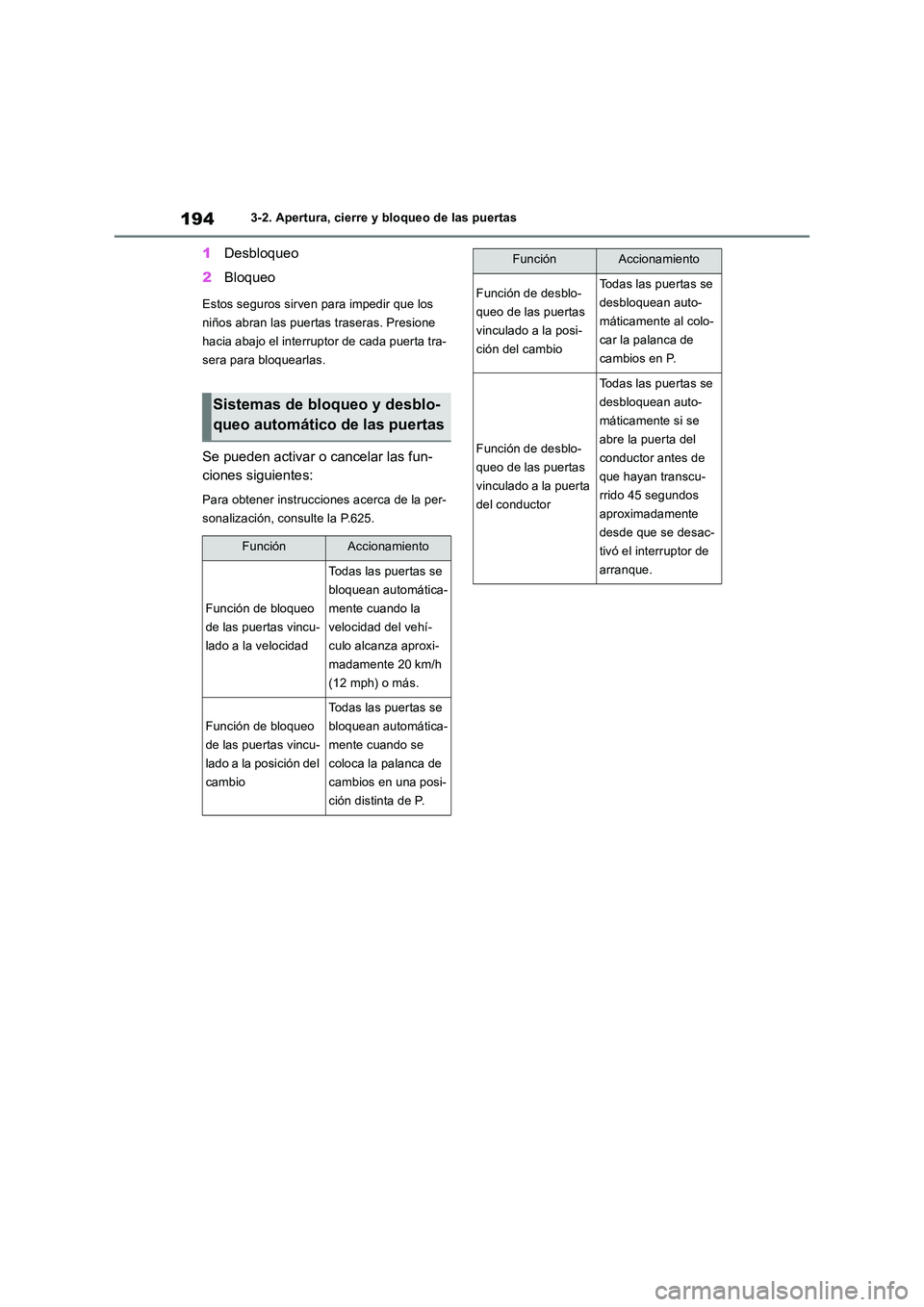 TOYOTA RAV4 2019  Manual del propietario (in Spanish) 1943-2. Apertura, cierre y bloqueo de las puertas
1Desbloqueo 
2 Bloqueo
Estos seguros sirven para impedir que los  
niños abran las puertas traseras. Presione 
hacia abajo el interruptor de cada pue