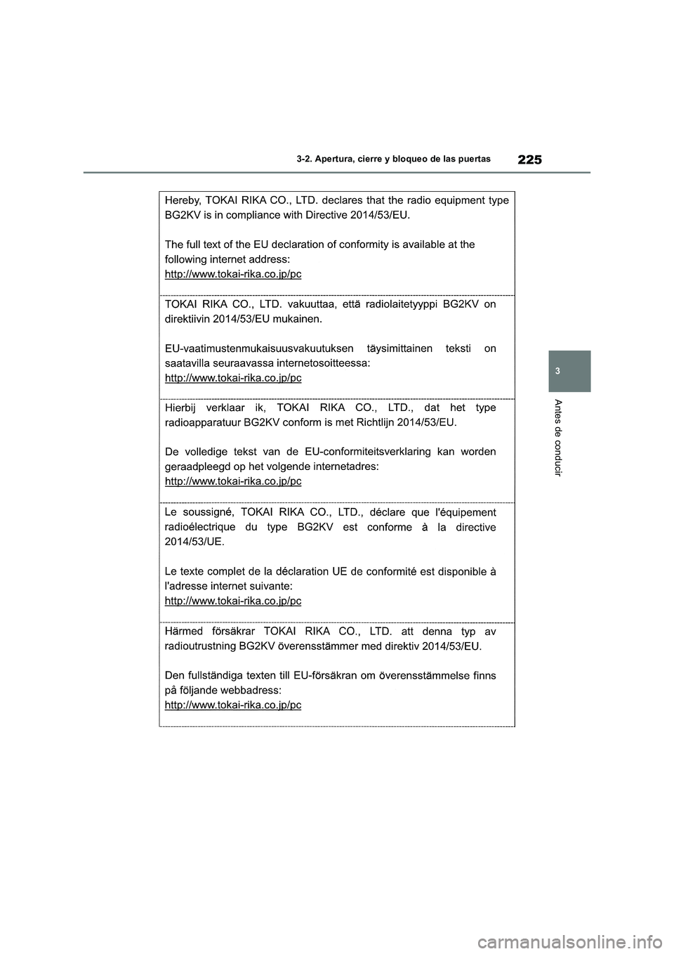 TOYOTA RAV4 2019 Manual del propietario (in Spanish) 225
3 3-2. Apertura, cierre y bloqueo de las puertas
Antes de conducir TOYOTA RAV4 2019 Manual del propietario (in Spanish) 225
3 3-2. Apertura, cierre y bloqueo de las puertas
Antes de conducir