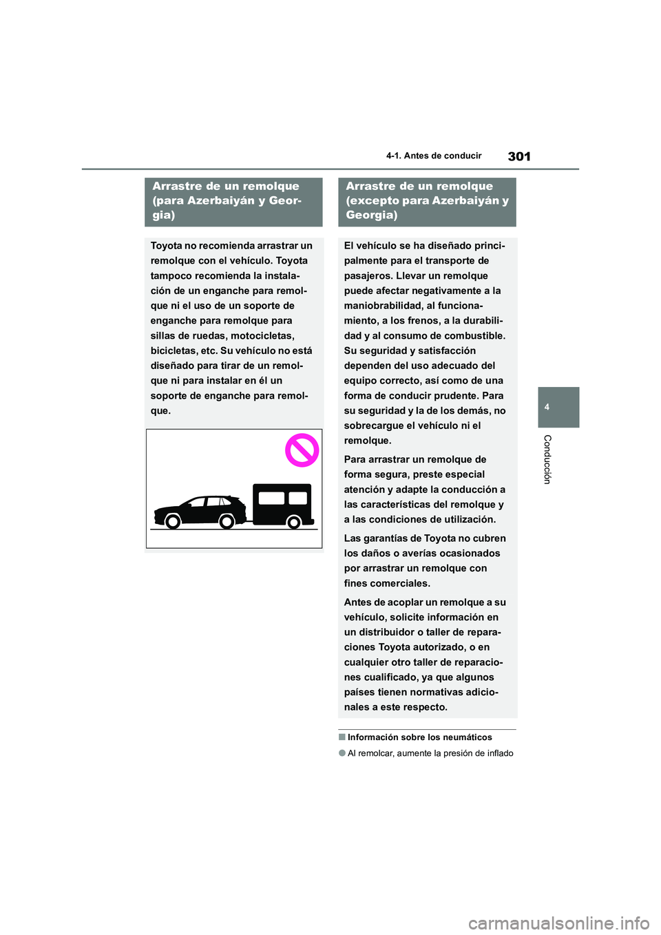 TOYOTA RAV4 2019  Manual del propietario (in Spanish) 301
4 4-1. Antes de conducir
Conducción
■Información sobre los neumáticos
●Al remolcar, aumente la presión de inflado 
Arrastre de un remolque 
(para Azerbaiyán y Geor-
gia)
Toyota no recomie