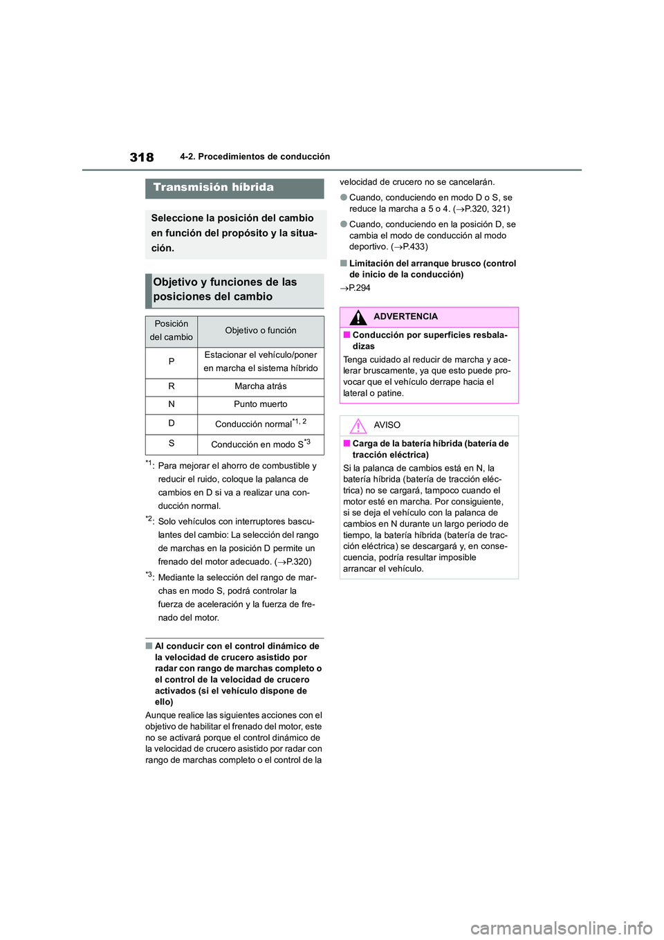 TOYOTA RAV4 2019 Manual del propietario (in Spanish) 3184-2. Procedimientos de conducción
*1: Para mejorar el ahorro de combustible y
reducir el ruido, coloque la palanca de
cambios en D si va a realizar una con-
ducción normal.
*2: Solo vehículos TOYOTA RAV4 2019 Manual del propietario (in Spanish) 3184-2. Procedimientos de conducción
*1: Para mejorar el ahorro de combustible y
reducir el ruido, coloque la palanca de
cambios en D si va a realizar una con-
ducción normal.
*2: Solo vehículos