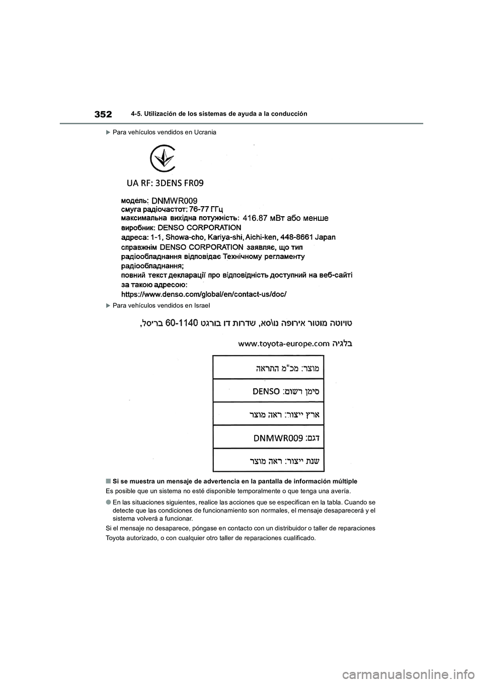 TOYOTA RAV4 2019 Manual del propietario (in Spanish) 3524-5. Utilización de los sistemas de ayuda a la conducción
Para vehículos vendidos en Ucrania
Para vehículos vendidos en Israel
■Si se muestra un mensaje de advertencia en la pantalla de TOYOTA RAV4 2019 Manual del propietario (in Spanish) 3524-5. Utilización de los sistemas de ayuda a la conducción
Para vehículos vendidos en Ucrania
Para vehículos vendidos en Israel
■Si se muestra un mensaje de advertencia en la pantalla de